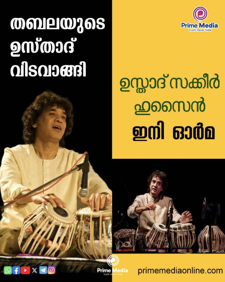 ലോക പ്രശസ്ത തബല മാന്ത്രികൻ സാക്കീര്‍ ഹുസൈന്‍ അന്തരിച്ചു.